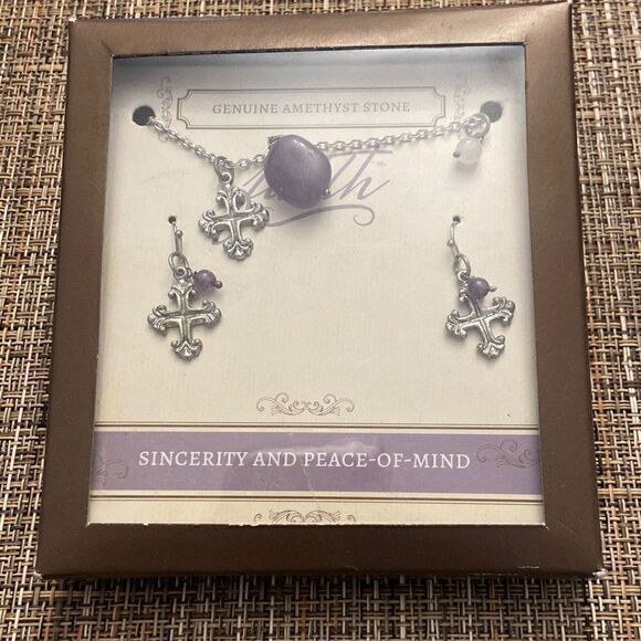 Pier 1 Imports Genuine Amethyst Stone Necklace and Earrings Set New in Box - Picture 1 of 8